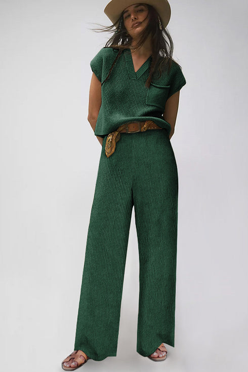 Knitted V Neck Sweater and Casual Pants Set